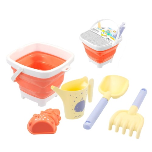Mochtoys Letní sada skládací oranžové kyblíku s doplňky, konev, lopatka, hrábě, formička
