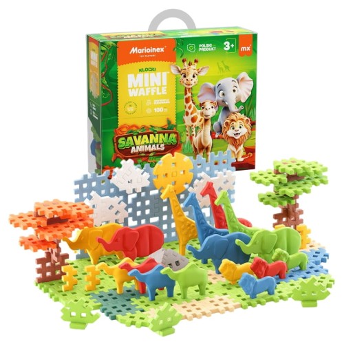 Marioinex Mini Waffle Kostky Zvířata Savany 100 Konstrukční prvky 3+