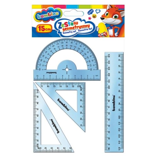 Bambino Geometrická školní sada 4 kusy, pravítko 15 cm, 2 trojúhelníky, úhloměr