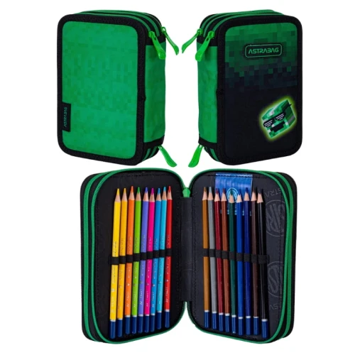 Astra Jumbo Školní Pencil Case Tříklopový S Výbavou Pouzdro S Školními Potřebami Pixel Hero