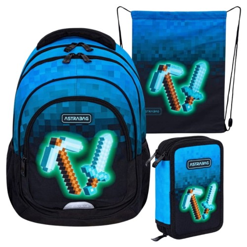 Školní set Astra Velký prostorný batoh tříkomorový + Taška na obuv sportovní boty + Příruční pencilcase Jumbo trojitý s výbavou Blue Pixel