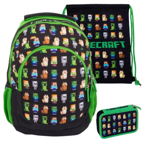 Školní set Astra batoh velký prostorný tříkomorový + taška na obuv sportovní boty + dvoupatrová peněženka bez vybavení Minecraft Multi Characters