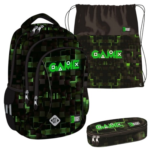 Školní set St. Right Batoh Velký Prostorný Třídílný + Taška Na Obuv Sportovní Boty + Pencil Case Pevný Green Game