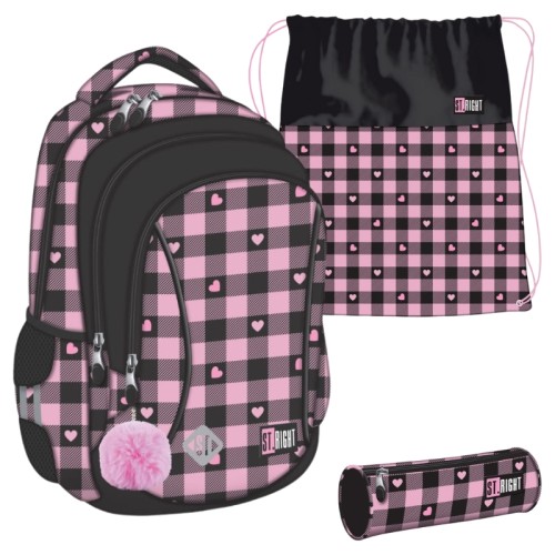 Školní set St. Right Velký prostorný batoh tříkomorový + Taška na obuv sportovní + Pencil Case Tuba Růžový kostkovaný