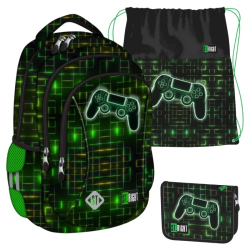 Školní set St. Right Batoh Velký Prostorný Tříkomorový + Sáček na Obuv Sportovní Boty + Peračník Dvouklapkový Bez Výbavy Neon Pad