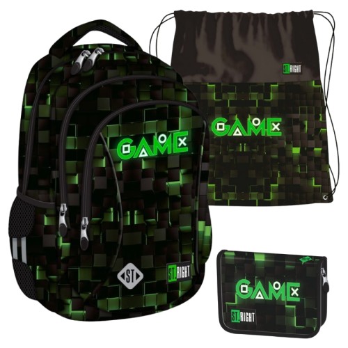 Školní set St. Right Velký prostorný batoh tříkomorový + Taška na obuv sportovní + Dvouklapkový penál bez výbavy Green Game
