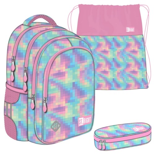 Školní set St. Right Velký prostorný batoh se čtyřmi přihrádkami + Taška na obuv sportovní + Pencilcase taštička zpevněná Pastel Pixels
