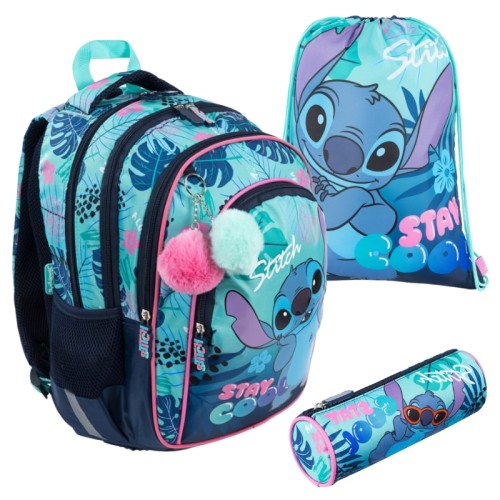 Školní set St. Majewski Velký prostorný batoh se čtyřmi komorami + Taška na obuv sportovní boty + Pouzdro trubice Stitch Stay Cool