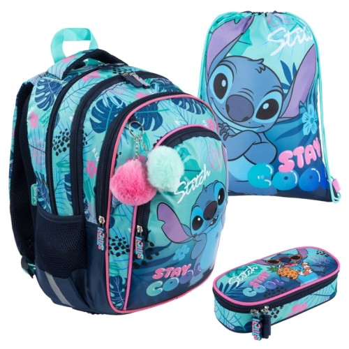 Školní souprava St. Majewski Velký prostorný batoh se čtyřmi komorami + Taška na obuv + Školní penál s vnitřním klapkou Stitch Stay Cool
