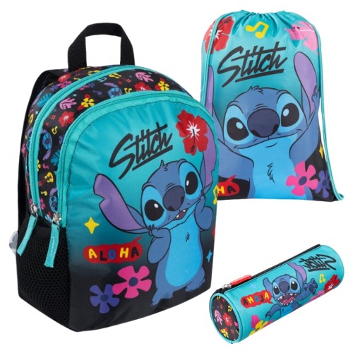 Sada St. Majewski Malý školní batoh výletní + sáček na obuv sportovní boty + školní penál trubice Stitch Mint Aloha