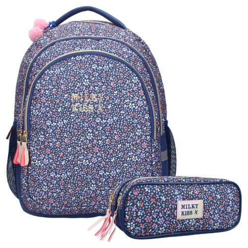 Sada Vadobag Školní batoh + Dvoukomorová peněženka bez vybavení Milky Kiss Floral Květy