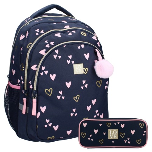 Sada Vadobag Školní Batoh + Dvoukomorová Peněženka Bez Vybavení Milky Kiss Heart Srdíčka
