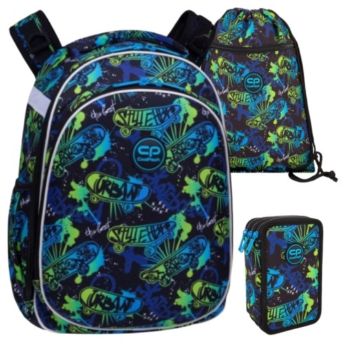 Coolpack Školní Sada Batoh Dvoukapsový Turtle Penál Jumper 3 Trojkapsový S Vybavením Taška Na Boty Obuv Vert Skate Night