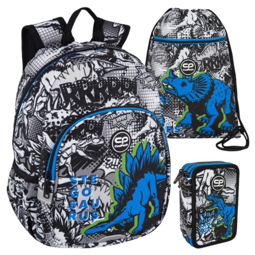Coolpack Sada Školní Taška Toby Malý Penál Jumper 3 Trojitý Tříkomorový S Výbavou Taška Na Obuv Vert T-Rex