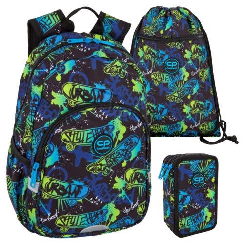Coolpack Školní set Batoh Toby Malý Penál Jumper 3 Trojitý Tříkomorový S Výbavou Taška Na Obuv Vert Skate Night