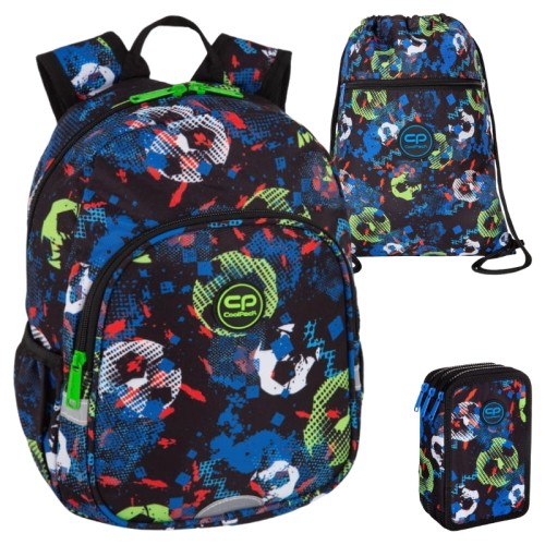Coolpack Školní Dětská Taška Toby Malý Penál Jumper 3 Trojitý Tříkomorový Se Vybavením Taška Na Boty Obuv Vert Football Blue