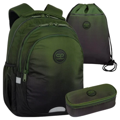 Coolpack Sada Školní Batoh Tříkomorový Jerry + Penál Jednokomorový S Klopou Campus Taška + Sáček Na Boty Obuv Vert Gradient Grass