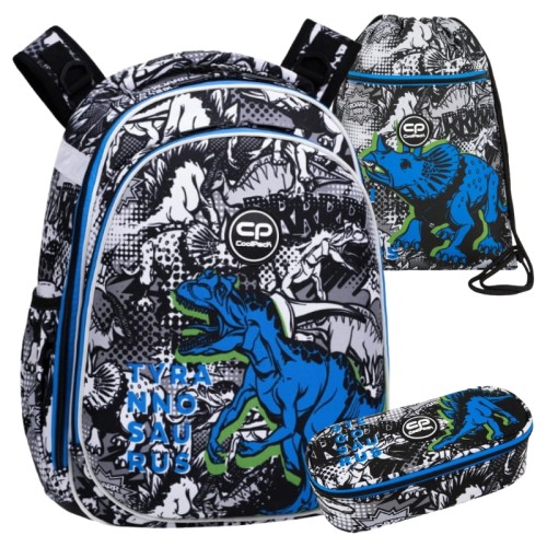 Coolpack Školní set Batoh dvoukomorový zpevněný Turtle + Jednokomorové pouzdro s klopou Campus taška + Sáček na obuv Vert T-Rex