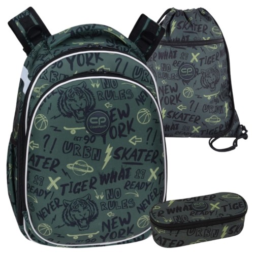 Coolpack Školní Souprava Batoh Dvoukcomorový Zpevněný Turtle + Penál Jednokomorový S Klopou Campus Taška + Sáček Na Obuv Vert Tiger