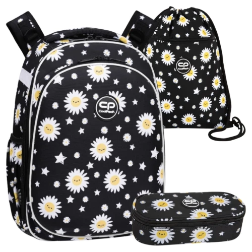 Coolpack Školní Sada Batoh Dvoukapsový Pevný Turtle + Peračník Jednokapsový S Klapkou Campus Taška + Sáček Na Boty Vert Daisy Black