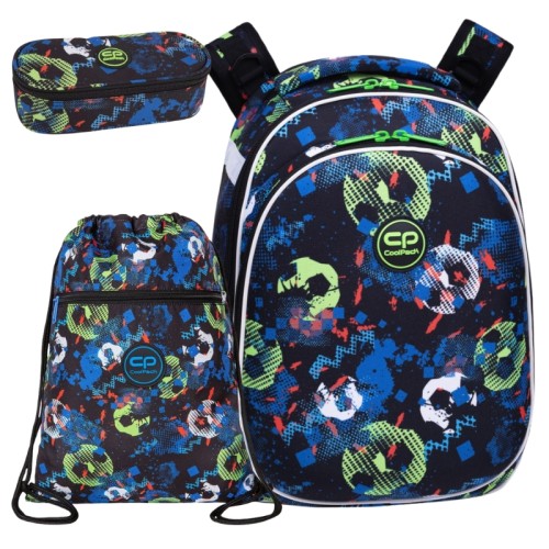 Coolpack Školní Sada Batoh Dvoukabinový Zpevněný Turtle + Peračník Jednokabinový S Klopou Campus Taška + Sáček Na Obuv Vert Football Blue