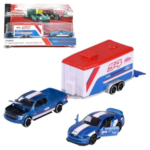 Majorette Racing Deluxe Sada 2 Vozidel + Přívěs Autíčka Ford F-150 Raptor + Ford Mustang GT