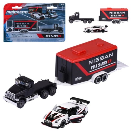 Majorette Racing Deluxe Sada 2 Vozidel + Přívěs Autíčka Mack Granite + Nissan GT-R Nismo GT3