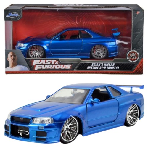Jízdní model auta Nissan Skyline R34 Metalový model vozidla Rychle a zběsile 1:24 Modrý otevíratelný model F&F Rychle a zběsile 8+