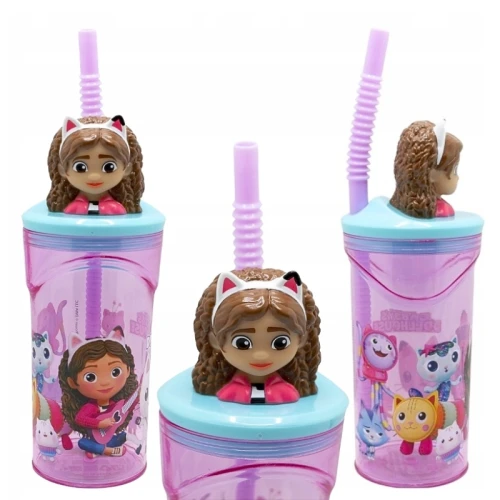 Stor Kočičí Domeček Gabi Hrnek se Slámkou s Figurkou 3D Láhev pro Děti 360ml