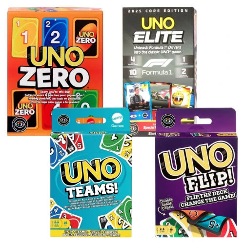 Sada Uno 4v1 Strategie ProGamers: Uno Flip + Uno Elite F1 + Uno Teams + Uno Zero Karetní Hra Karty Na Hraní