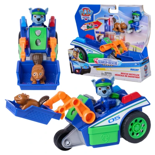 Psi Patrol Search Rescue Vozidlo Recyklace Smetiarka Rocky Vozidlo Pohon Pull-Back + Figurína Bobr