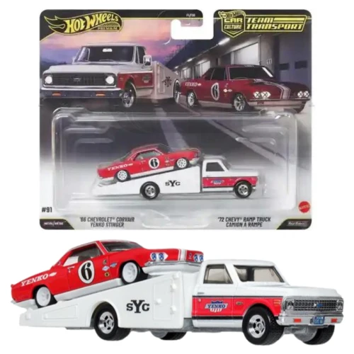 Hot Wheels Premium Team Transport Set Dvojbalení Aut '66 Chevrolet Corvair Yenko Stinger & '72 Chevy Ramp Truck Camion A Rampe