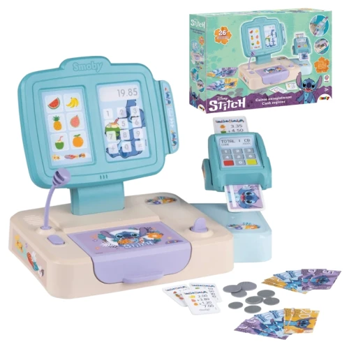 Disney Stitch Pokladna s Čtečkou Karet Bankovky 26 Doplňků Smoby
