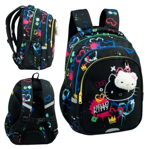 Coolpack Jerry Dětský školní batoh 3-komorový Černý s barevnými nápisy Hello Kitty Black Neon