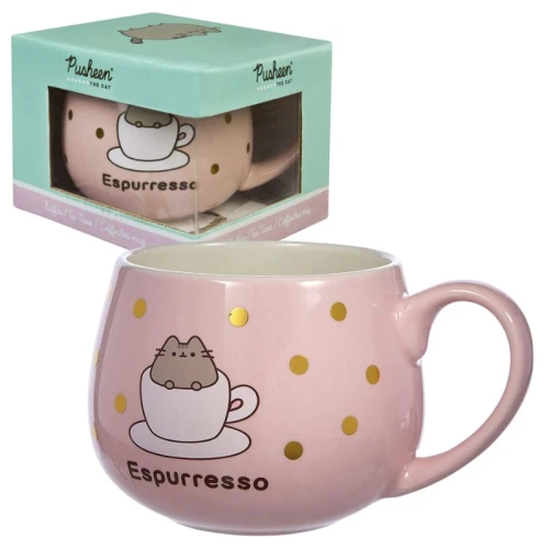 Velký růžový hrnek Pusheen se zlatými puntíky s potiskem na kávu čaj pro ženu dívku 300ml