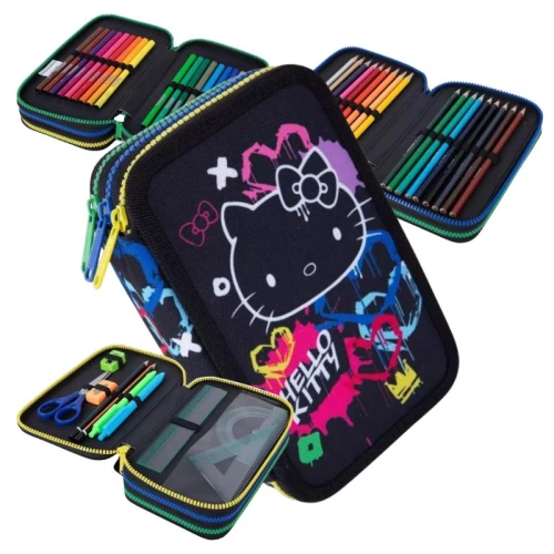 Školní penál Hello Kitty Černý Neon Coolpack s plným vybavením Tříkomorový Rozkládací do školy