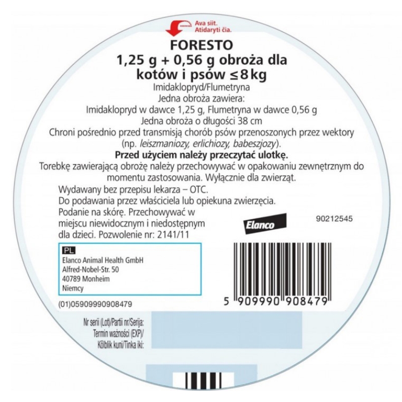 Foresto Obroża na Kleszcze Pchły dla Psa i Kota do 8kg 38cm