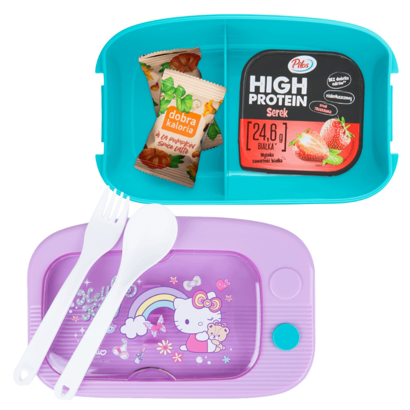 Box na jídlo pro děti Coolpack Hello Kitty růžovo-modrý s příbory a obsahem 1100 ml