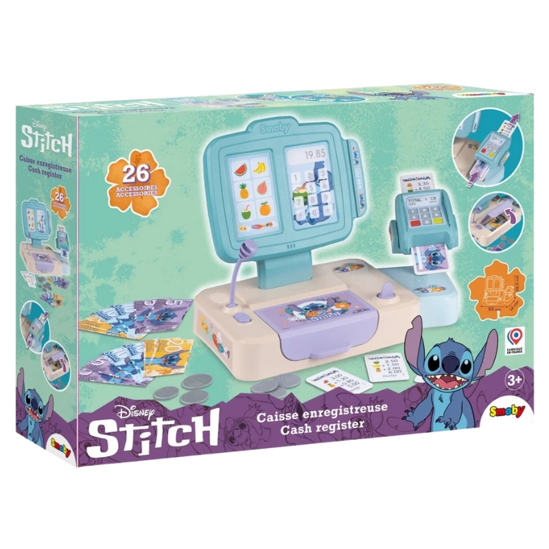 Disney Stitch Kasa Fiskalna Z Czytnikiem Kart Banknoty 26 Akcesoriów Smoby