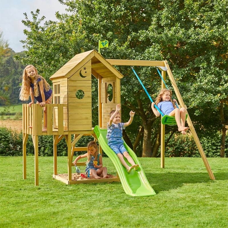 TP Toys Treehouse Drewniany Plac Zabaw z Balkonem, Huśtawką i Zjeżdżalnią