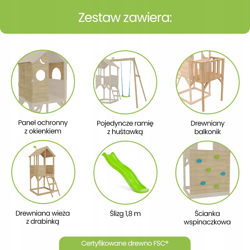 TP Toys Treehouse Drewniany Plac Zabaw ze Zjeżdżalnią 1,75 m FSC