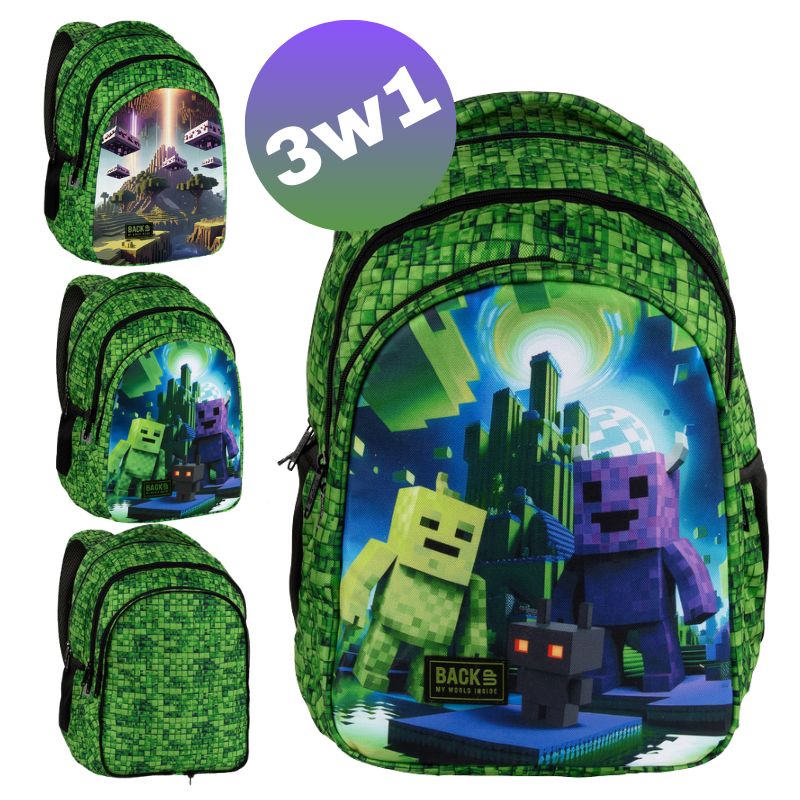 Plecak Backup 3w1 Szkolny Przedszkolny Młodzieżowy Minecraft Pojemny Duży Do Szkoły Wielokomorowy